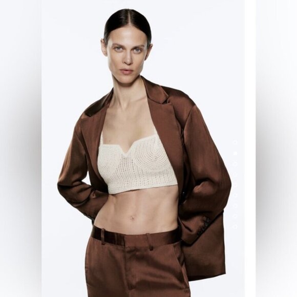 ZARA Brown Satin Linen Blazer size L - Picture 16 of 16